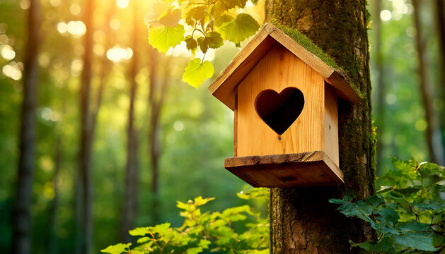 Close-up of a wooden birdhouse with heart shaped entrance, hanging on the trunk, in the background a green forest with blurred trees in sunlight. Generative Ai