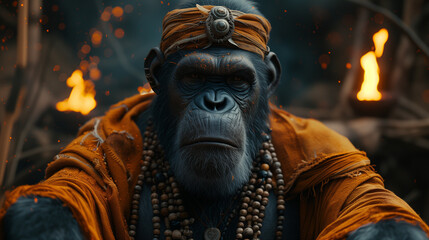 Majestic Chimpanzee Shaman in Traditional Attire with Beads and Headband, Evoking Tribal Spirituality Against a Backdrop of Mystical Flames, a Fusion of Wildlife and Fantasy Themes