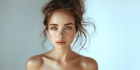 Naklejka premium Close-up of a young woman with a fresh, natural look and delicate freckles.
