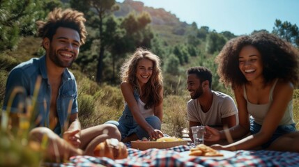 groupe d'amis partageant un pique-nique en pleine nature en été