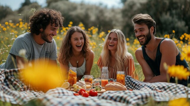 groupe d'amis partageant un pique-nique en pleine nature en &eacute;t&eacute;