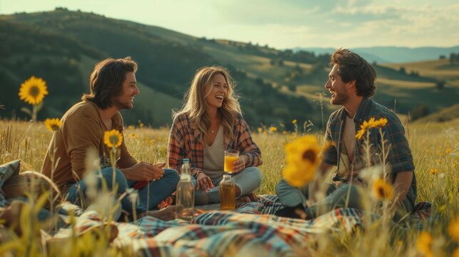 groupe d'amis partageant un pique-nique en pleine nature en &eacute;t&eacute;
