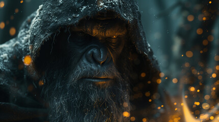 Mysterious Hooded Chimpanzee in a Snowy Winter Scene, Portraying Solitude and Deep Contemplation with a Magical Snowfall in Surreal Digital Artwork