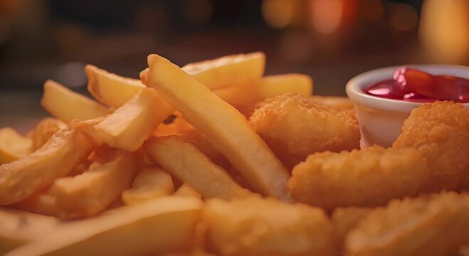 extreme Close-up of French fries and nuggets and deeps junk food, photorealistic, masterpiece, camera Sony a7RV--s 800