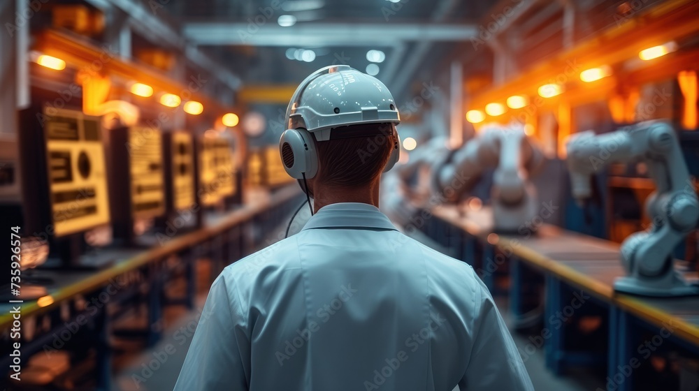 Aufkleber Engineer manager monitors and controls robot arm automation in smart factories in real time monitoring system software, welding robots and digital manufacturing operations. Generative AI.