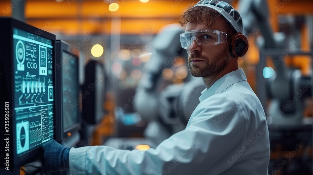 Leinwandbilder Engineer manager monitors and controls robot arm automation in smart factories in real time monitoring system software, welding robots and digital manufacturing operations. Generative AI.