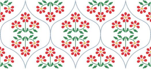 Foto op Plexiglas Beautiful Pattern Embroidery floral, leaves and branches pattern design, hem, skirt, adorning sleeves flower embroidery. beautiful border floral embroidery. Ethnic flower pattern. © Choltita
