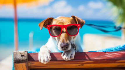 beautiful dog the sand at the beach sea on summer vacation holidays, wearing sunglasses. The concept of a summer holiday by the sea. Copy space.