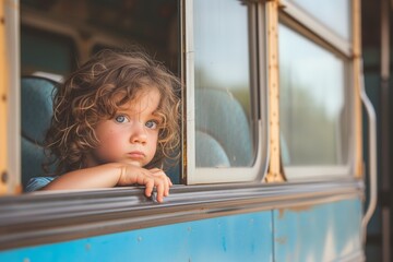 child looking out the bus window with a curious gaze - 735926915