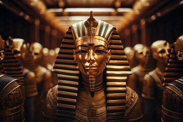 egyptian pharao with golden mask and many warriors, statues in museum - obrazy, fototapety, plakaty
