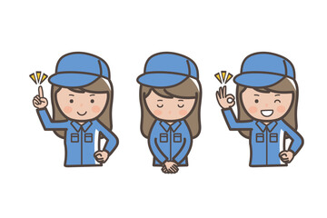 女性作業員、清掃員の上半身ポーズセット_謝る_ポイント_了解