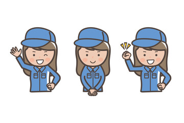 女性作業員、清掃員の上半身ポーズセット_ガッツポーズ_挨拶_返事