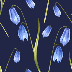 Early spring plant seamless pattern, squills, spring scylla blue snowdrops Primary flowers Hand drawn illustration for weddings deco, birthdays, easter wrapping, scrapbooking Isolated dark background - obrazy, fototapety, plakaty