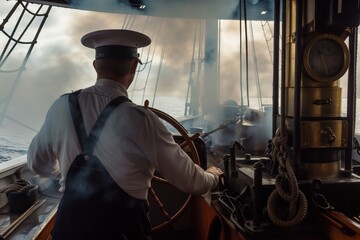 captain steering a ship with smoke rising at stern
