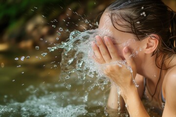 Obraz premium woman splashing face with water from a spring