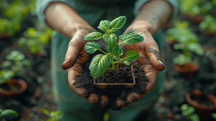 Close up hands gardener with little plant in pot. Gardening and growing vegetables