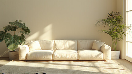 Fototapeta na wymiar Minimal Living Room With White Couch and Potted Plant