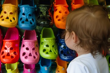 Naklejka premium child looking at a wall of brightly colored water shoes