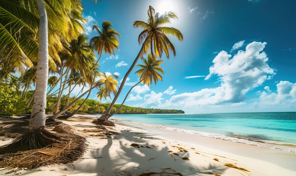 Coastal scene in summer, sandy beach leading to turquoise waters, palm trees swaying in the breeze. 
