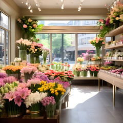 Inside view of flower shop with different flowers