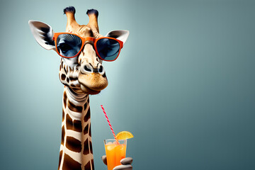 Portrait of giraffe in sunglasses with cocktail - obrazy, fototapety, plakaty