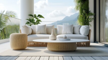 Minimal style furniture on balcony. Generative AI.