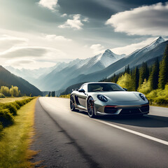 Sport car on forest road near mountains