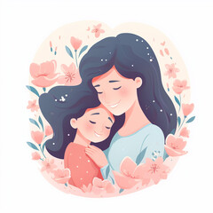 Mom hugging her child, Mother's day concept, beautiful woman and a baby. Isolated illustration in flat cartoon style