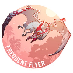 Cute Pterosaurus flying over tropical forest. Paleoart. Circular Badge or Icon. Frequent flyer sign. Line drawing brightly colores and Isolated on white background. EPS10 vector illustration.