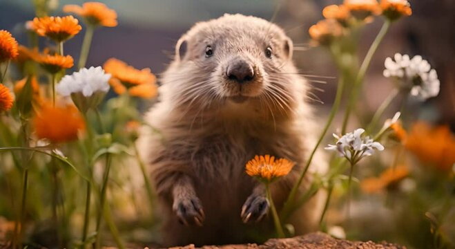 Marmot photographed while collecting a flower, Gran Paradiso national park, photorealistic, masterpiece, camera Haselblad X2D, --s 500
