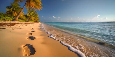 Footprints leading toward the turquoise horizon at the shoreline of the vast ocean. 
