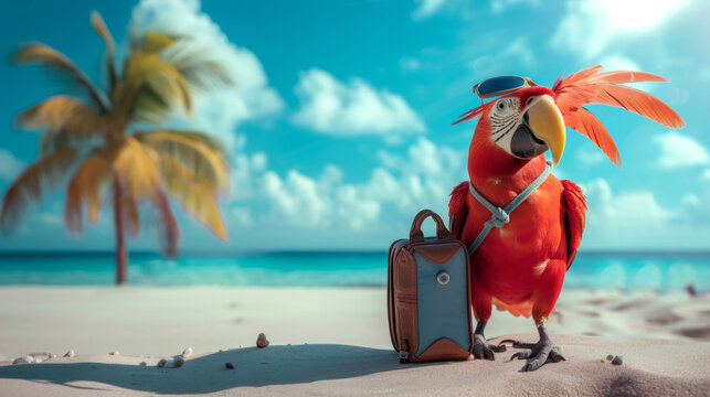 bird with funny sunglasses at boulders beach. bird wearing sun glasses and straw hat with sea and palm trees in background. happy bird resting on a beach on summer vacation