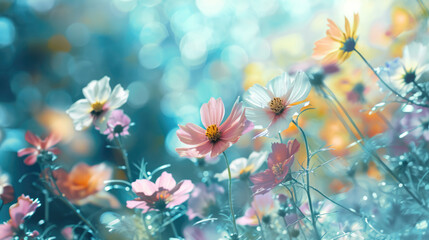 Abstract flowers on blurred background. Spring, summer blossom banner
