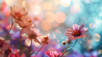 Abstract flowers on blurred background. Spring, summer blossom banner