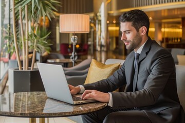 businessman working on laptop in hotel lobby
