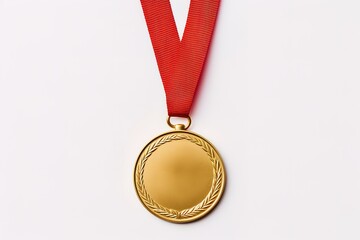 Golden medal with red ribbon isolated on white background 