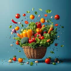 Obraz na płótnie Canvas Food and vegetables falling in basket on blue background, colorful arrangements. Generative AI.