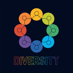 Diversity people concept. Rainbow colored abstract logo. Hand drawn vector illustration isolated on black background, flat style.
