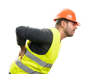 Constructor male with lower back pain with blank copyspace