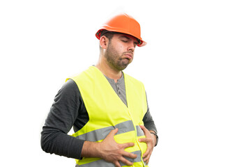 Constructor male with indigestion touching painful abdomen