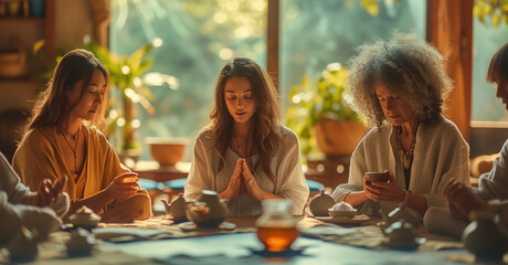 A group engaging in a holistic wellness workshop, featuring activities like meditation, herbal tea tasting and mindfulness exercises. Generative AI.