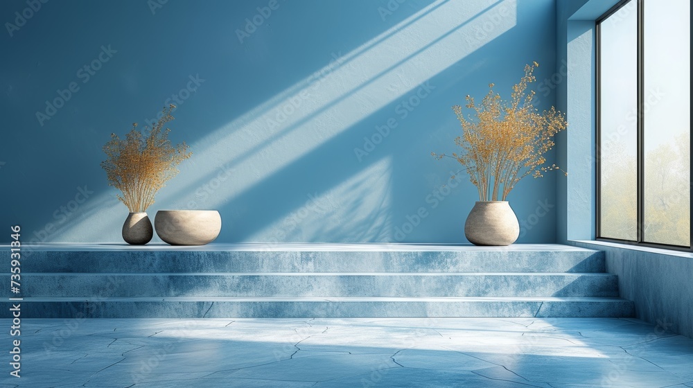 Leinwandbilder an empty podium on a blue background with shadows and light. a mockup for presenting a product.