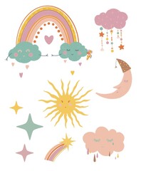 Cute set with rainbow, sun, stars, clouds. Delicate color palette.