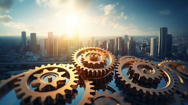 Gears mechanism on panoramic business background: symbolizing success and efficiency

