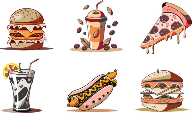 burger, sandwich, pizza, cola, coffee, hot dog
food icon set