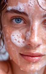 Close-up of a beautiful blue-eyed woman with soap foam on her face