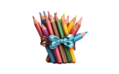 A Bouquet of Colored Pencils With a Bow. A colorful bouquet of sharpened colored pencils arranged in a neat bunch, tied with a decorative bow.