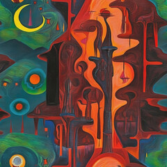 Abstract surrealist painting, Mystical area, Seamless pattern. Endless background.