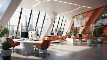 Contemporary office interior with sleek design and natural light, ideal workspace for productivity and collaboration

