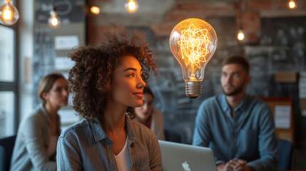 Woman Sitting in Front of Laptop Computer With Light Bulb Above Her Head